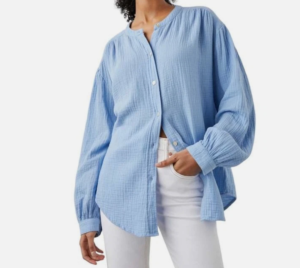 New Rails Charlet Blue Organic Cotton Textured Button Down Blouse M $188 NWT